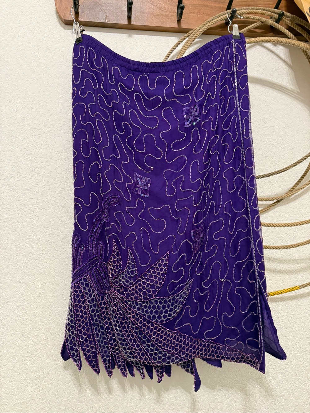 Vintage 90s/Y2K Purple Beaded & Sequined Asymmetrical Midi Skirt - 1X